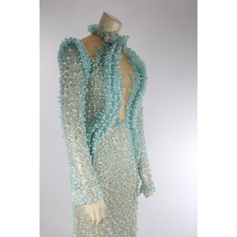 Albina Dyla Aqua Crystal Pearl Mesh Cutout Evening Formal Gala Couture Gown Sz S - Picture 7 of 16